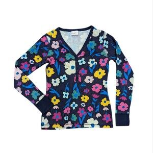 Hanna Andersson navy blue floral Henley pajamas top shirt women's size small